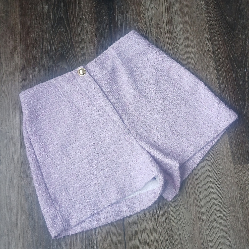 Zara Lilac Purple Tweed Textured High Waisted Bermuda Shorts gold button Size L - Picture 5 of 14